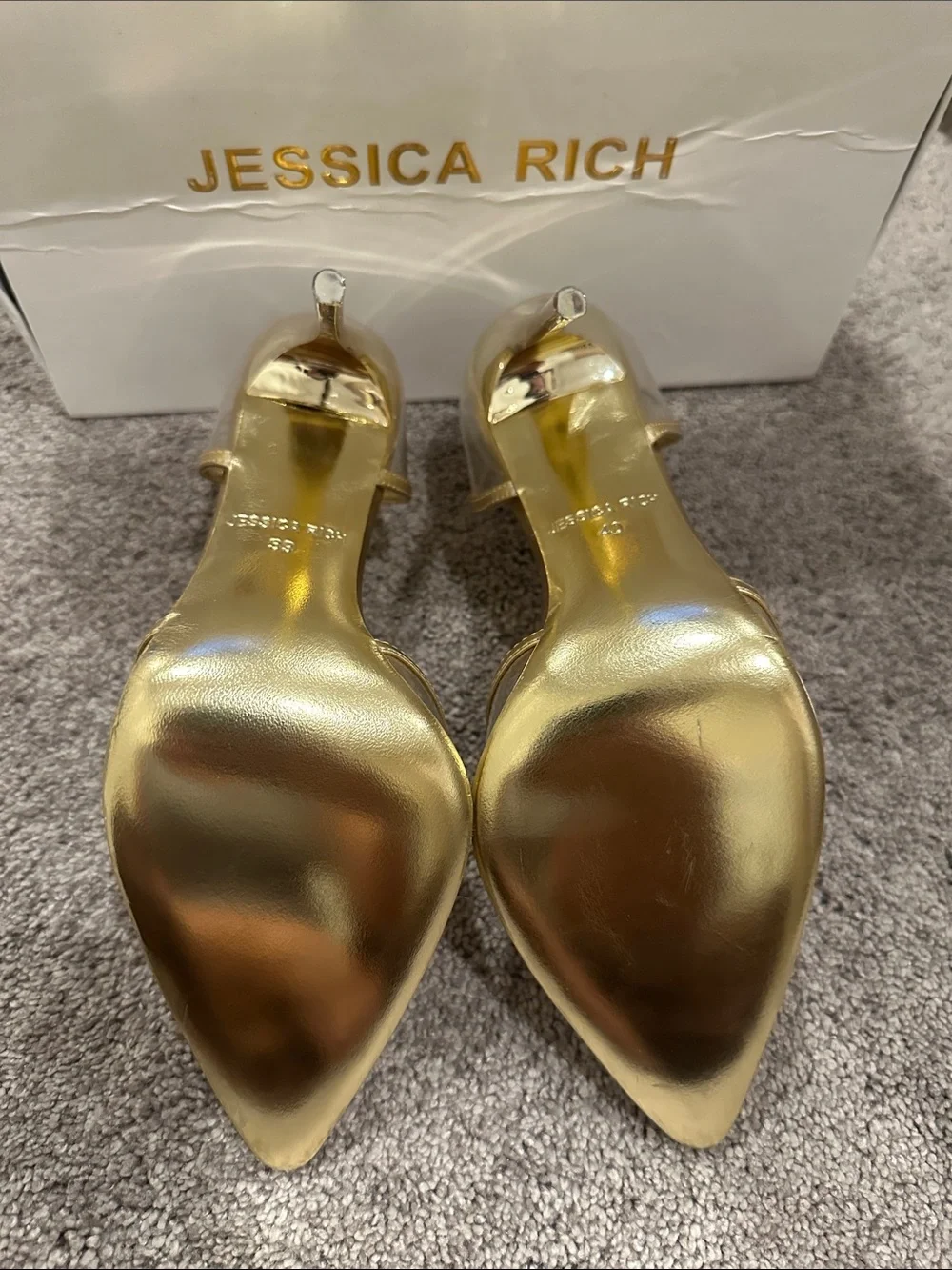 Jessica Rich Gold Metallic Pointed-Toe Clear Slingback Heels